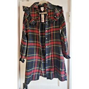 NWT FRANCESCA'S‎ blue rain woman's M shirt dress plaid Christmas ruffles
